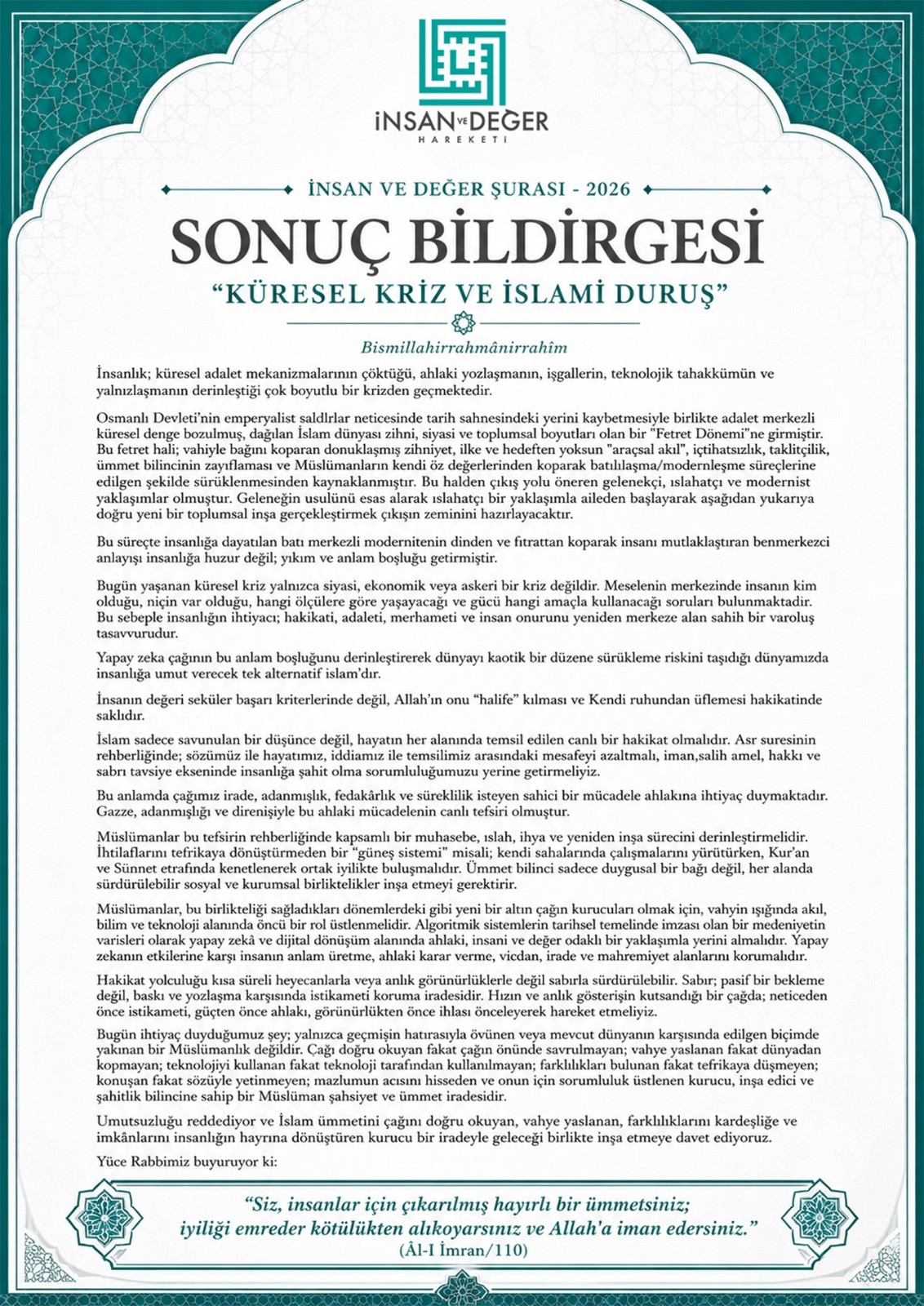 İnsan ve Değer Şurası Sonuç Bildirgesi ve Teşekkür