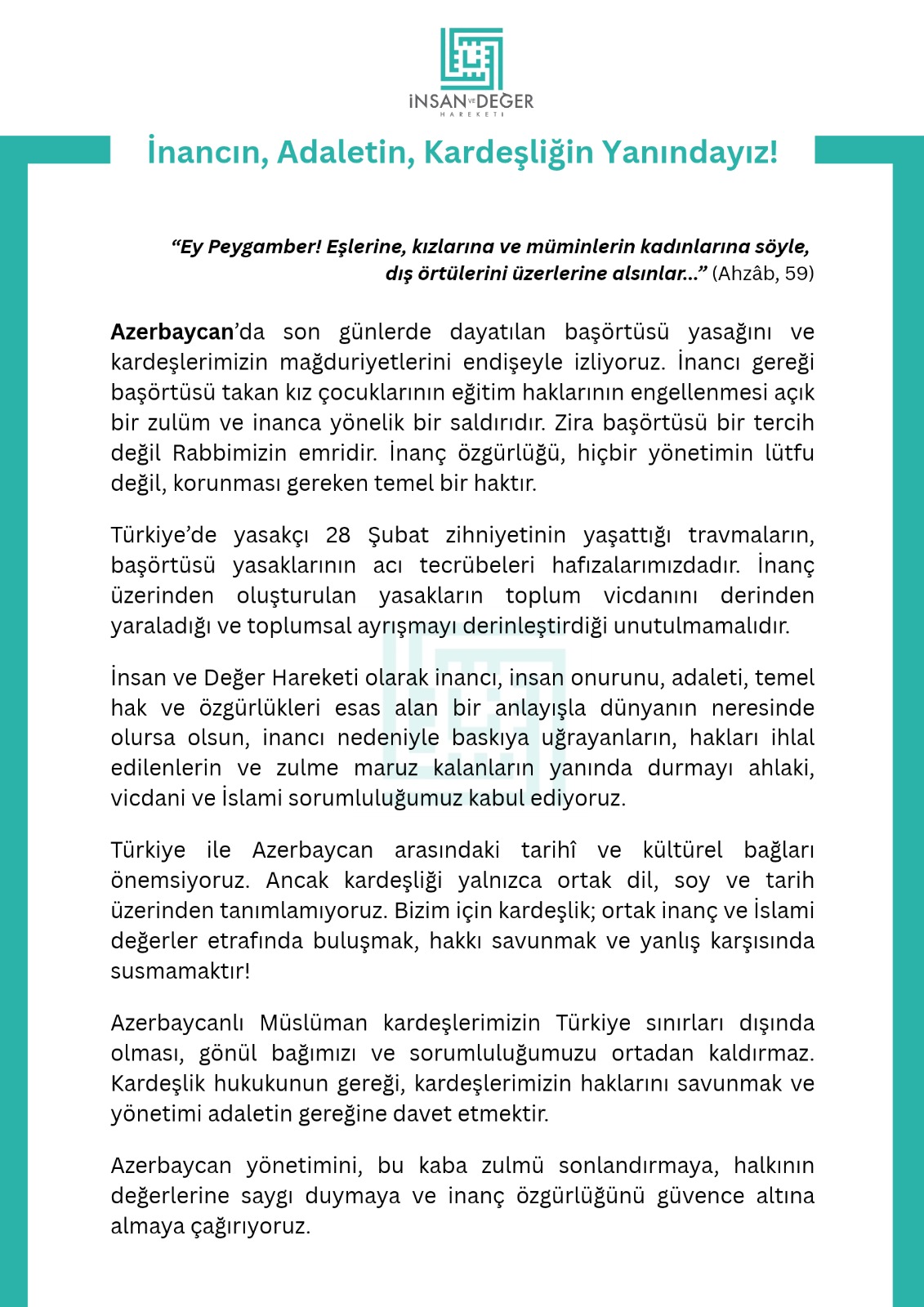 BASIN AÇIKLAMASI-  AZERBAYCAN’DA İNANCIN, ADALETİN, KARDEŞLİĞİN YANINDAYIZ!
